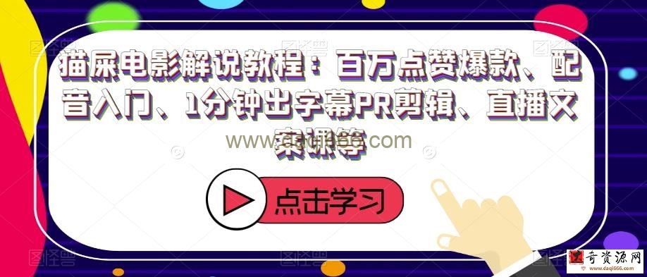 猫屎电影解说教程：百万点赞爆款、配音入门、1分钟出字幕PR剪辑、直播文案课等