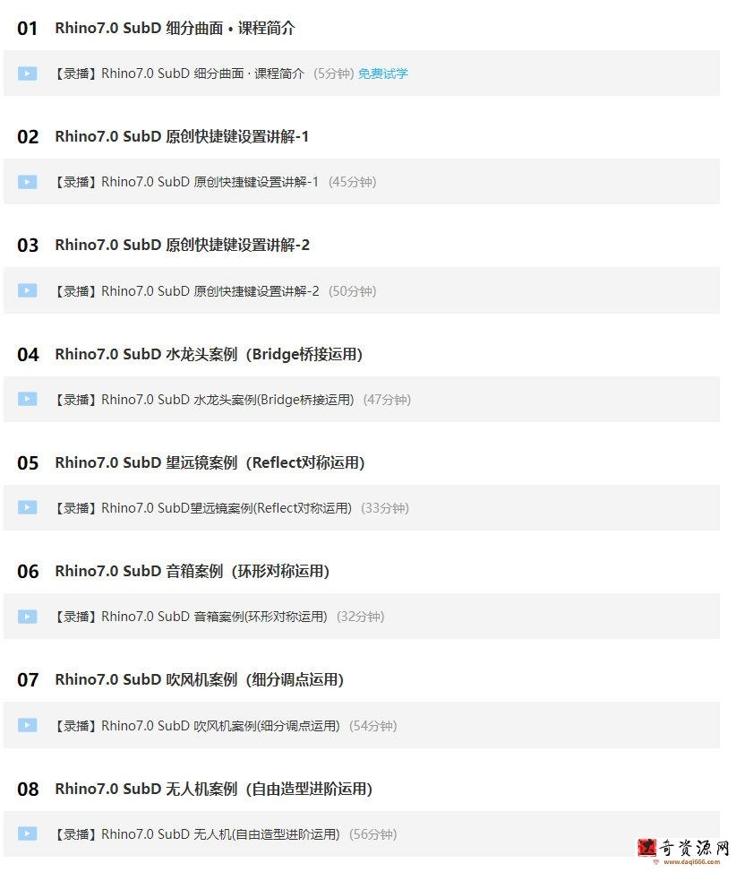 犀牛Rhino7.0 SubD 细分曲面线上基础教学视频【画质高清有素材】